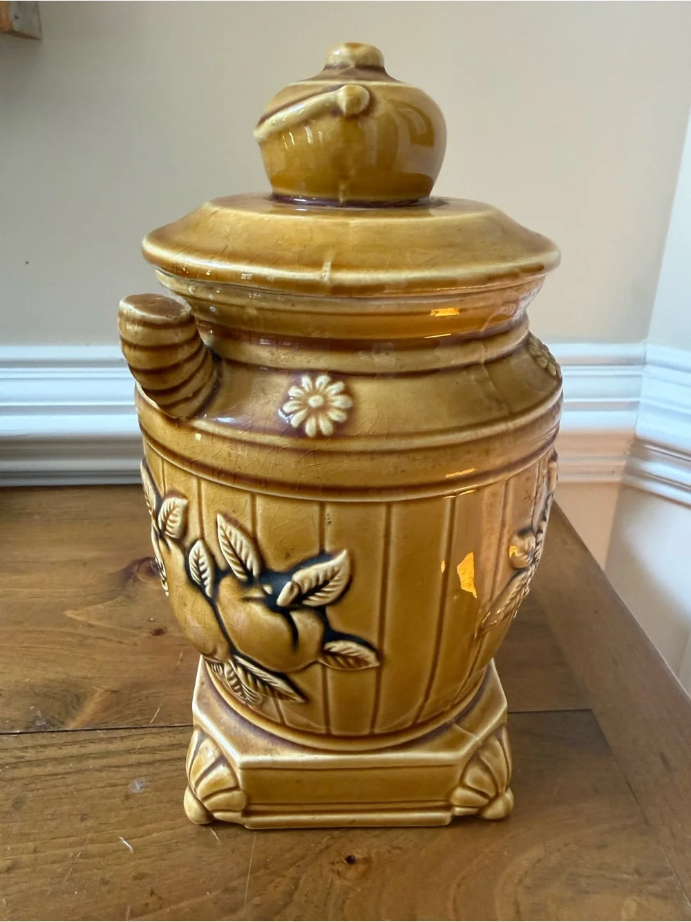 Vintage 1970s Marigold Ceramic pot-belly stove Canister with Fruit and Tea Motif